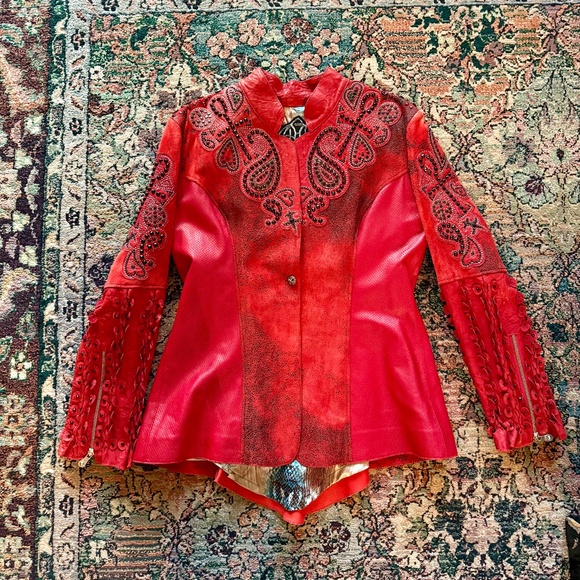 Custom Embellished Kippy"s Red Leather Jacket--Size 12 - Picture 1 of 6